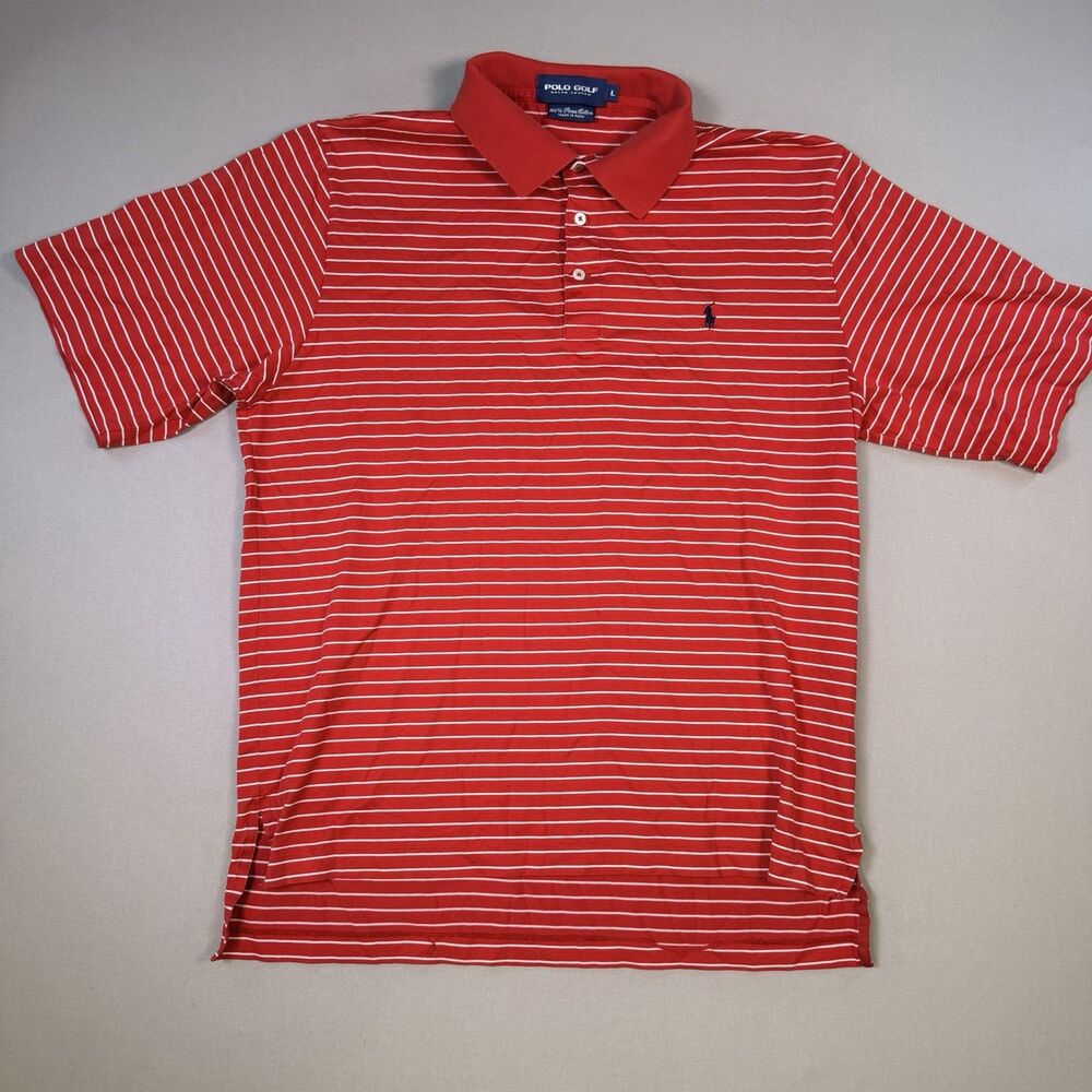 VINTAGE Polo Golf Ralph Lauren Shirt Men Large Red/White Stripe Pima Cotton